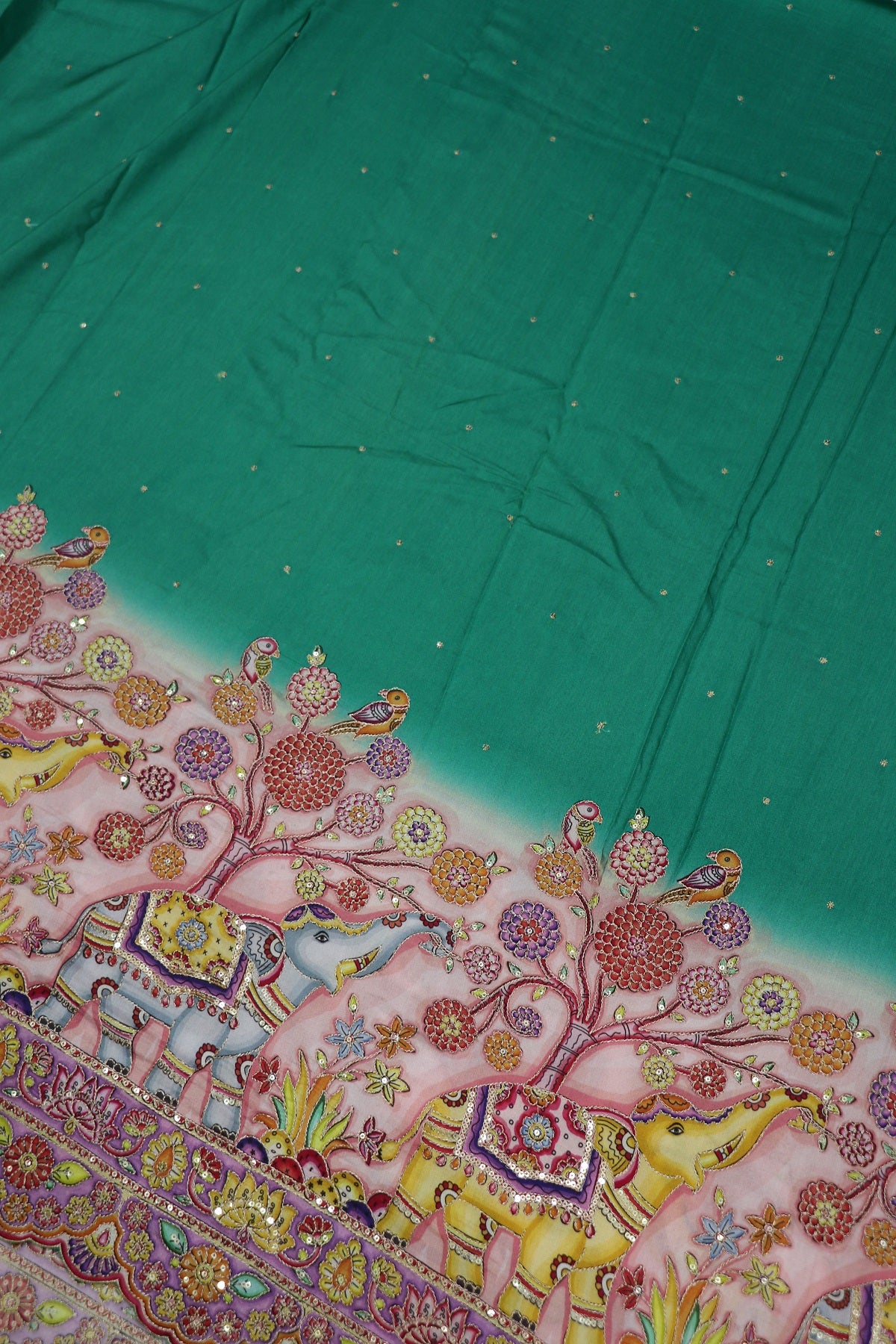 Dola Silk Kalamkari Elephant Printed Fabric Of Scalloped Border Highlited With Zari & Sequins