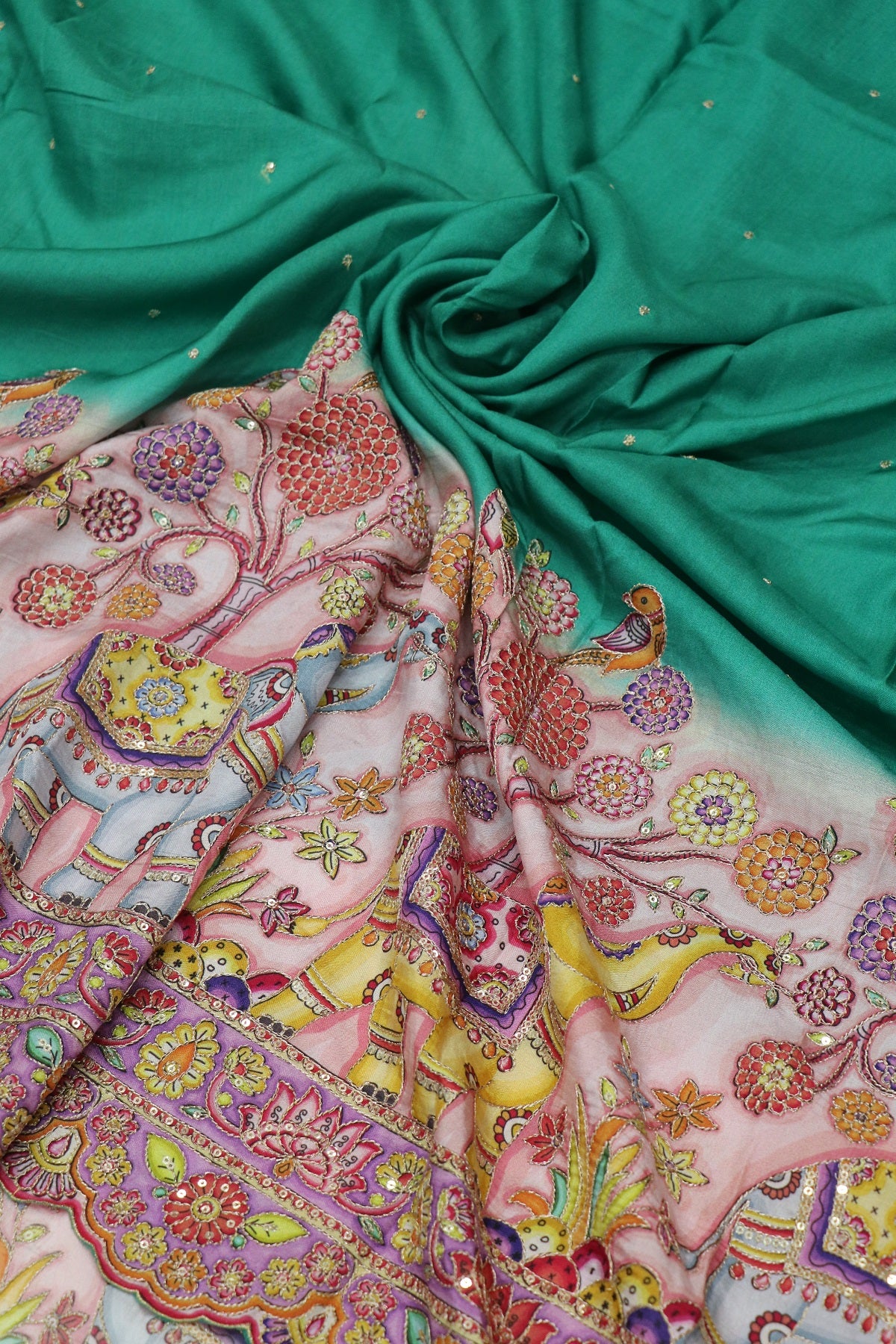 Dola Silk Kalamkari Elephant Printed Fabric Of Scalloped Border Highlited With Zari & Sequins