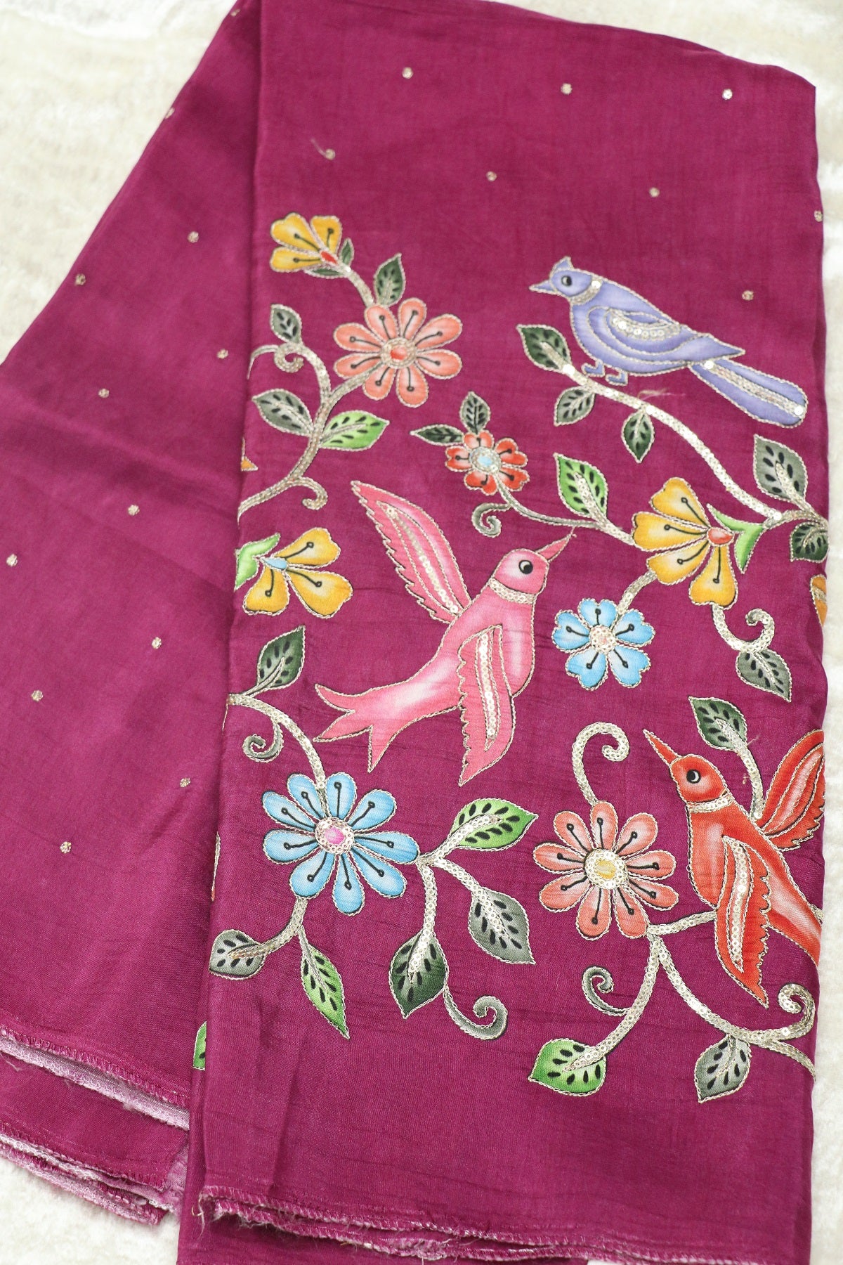 Russian Silk Birds & Floral Kalamkari Printed Embroidered Fabric