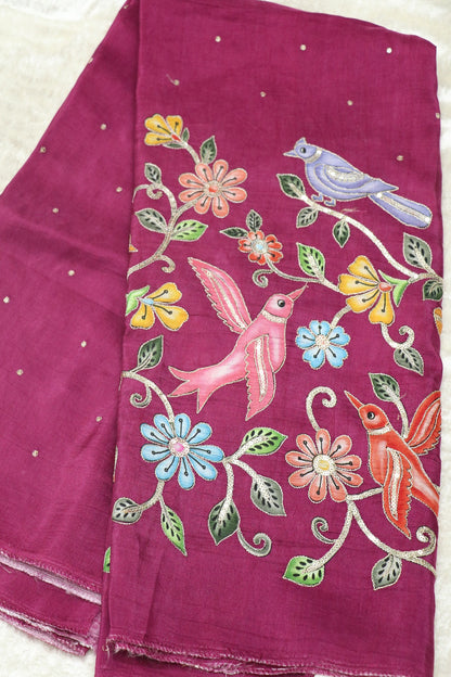 Russian Silk Birds & Floral Kalamkari Printed Embroidered Fabric