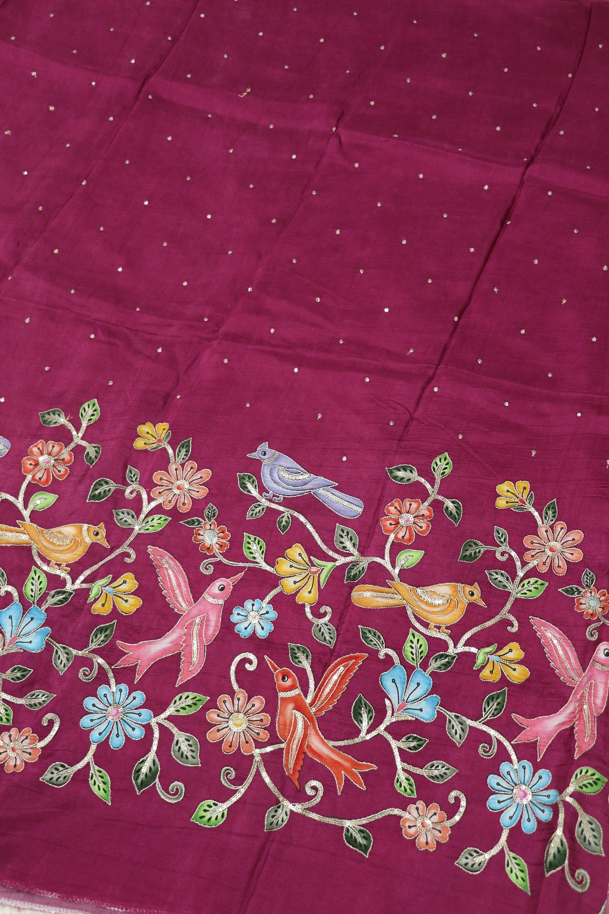 Russian Silk Birds & Floral Kalamkari Printed Embroidered Fabric