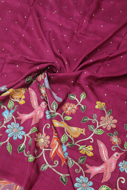 Russian Silk Birds & Floral Kalamkari Printed Embroidered Fabric