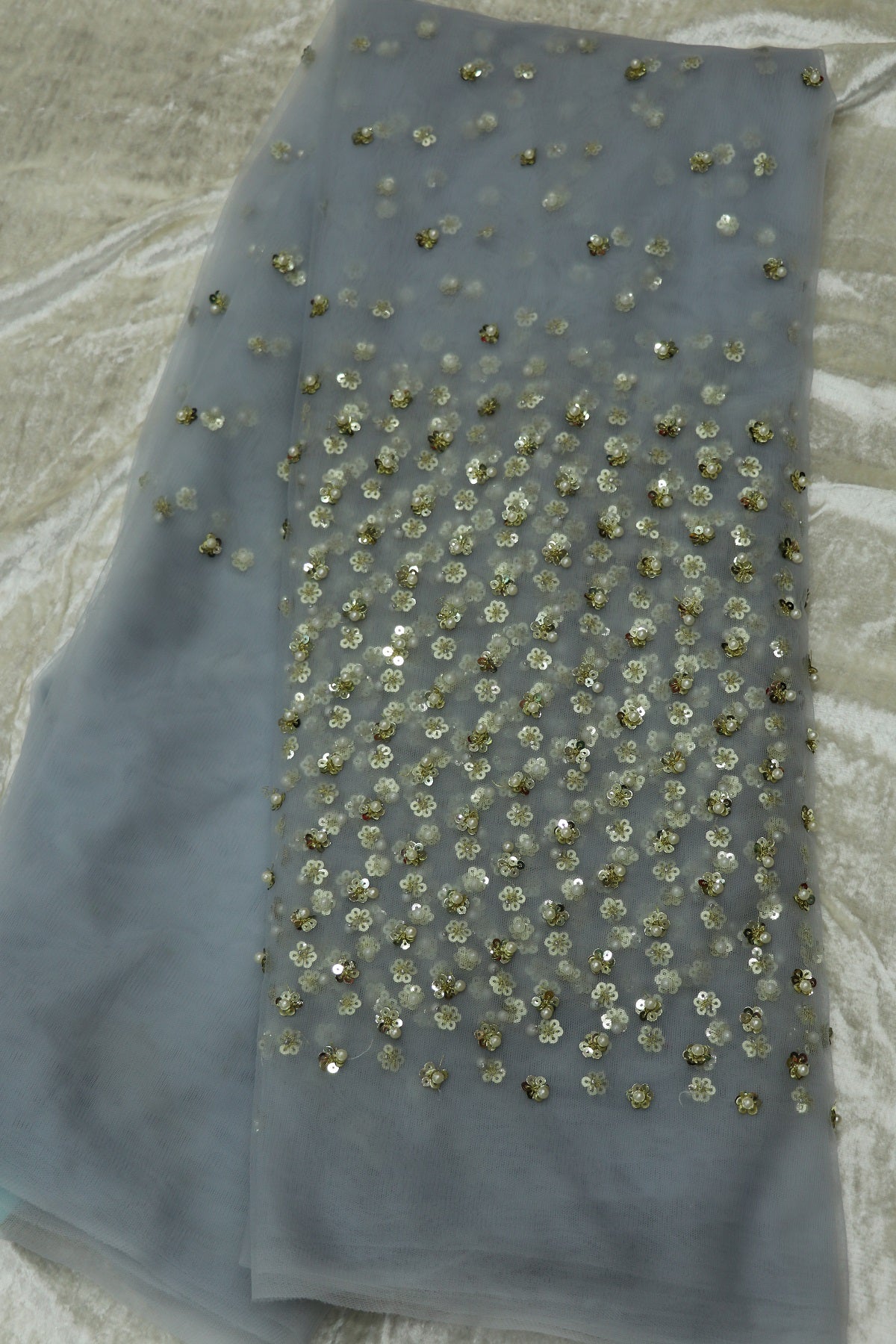 Light Steel grey Net Embroidered With Pearls & Sequins