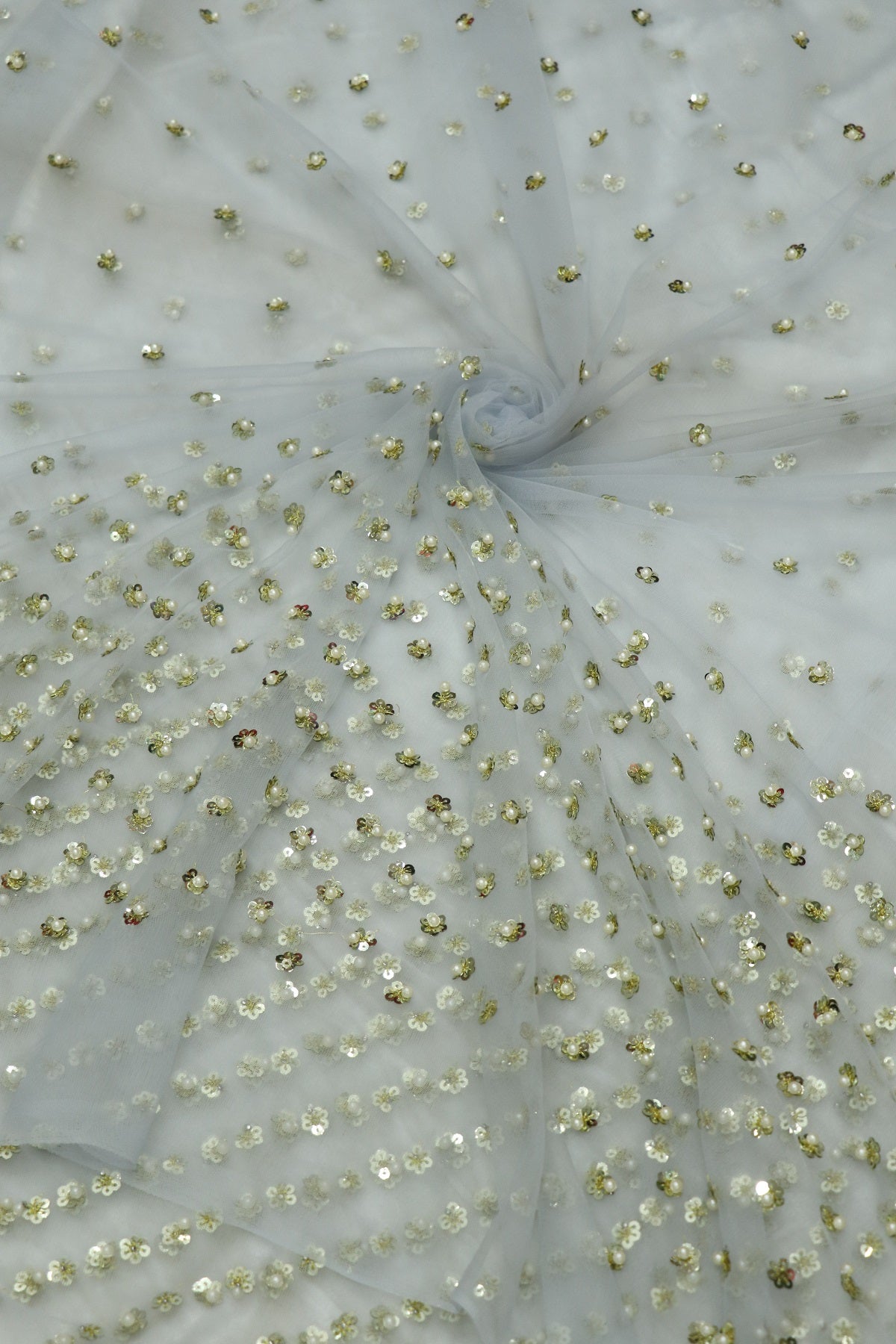 Light Steel grey Net Embroidered With Pearls & Sequins