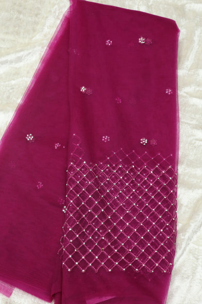 Magenta Pink Net Fabric Highligted With Self Thread worked Border & Chaton Stones