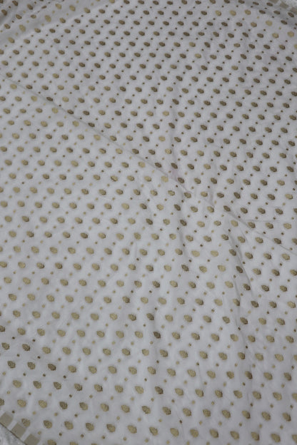 Semi Banaras Katan Silk Golden Zari Butties Woven White Dyeable Fabric