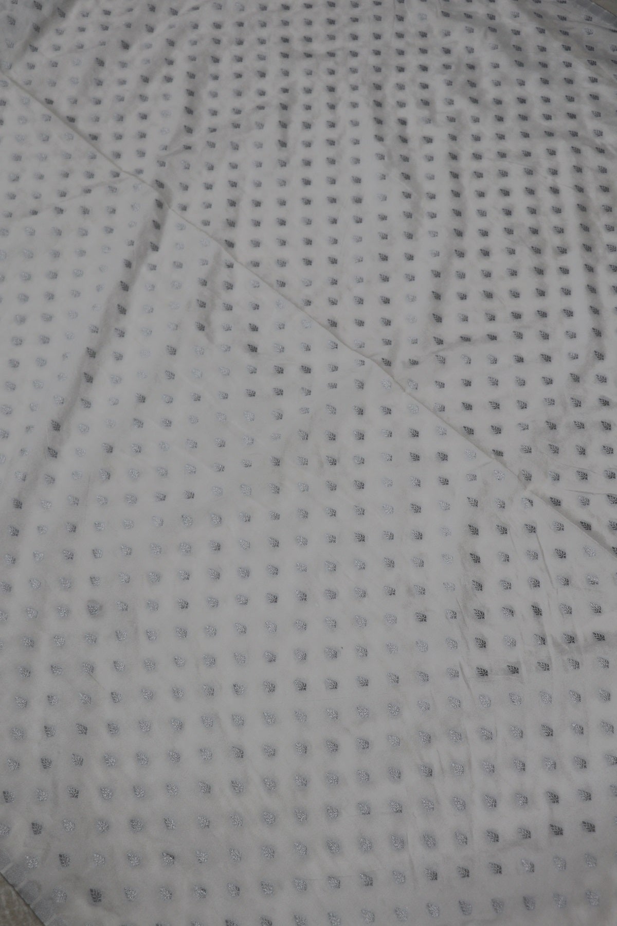 Semi Katan Silk Silver Zari Butties Woven White Dyeable Fabric