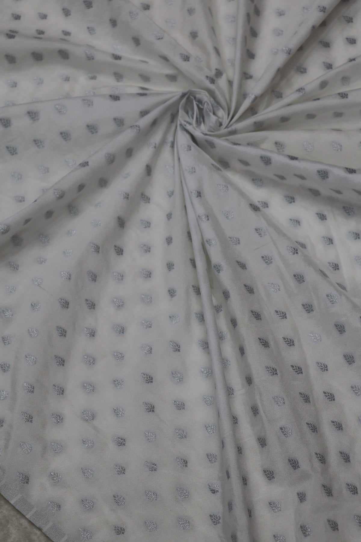 Semi Katan Silk Silver Zari Butties Woven White Dyeable Fabric