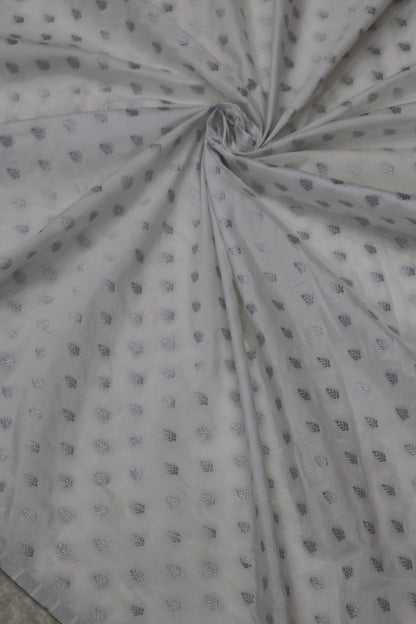 Semi Katan Silk Silver Zari Butties Woven White Dyeable Fabric