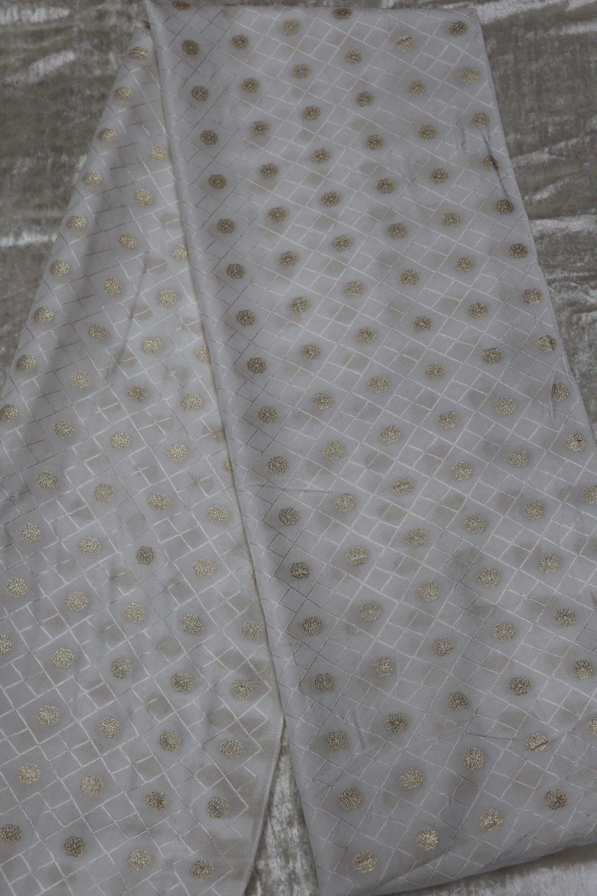Russian Silk Self Jacquard Woven & Gold Butties White Dyeable Fabric