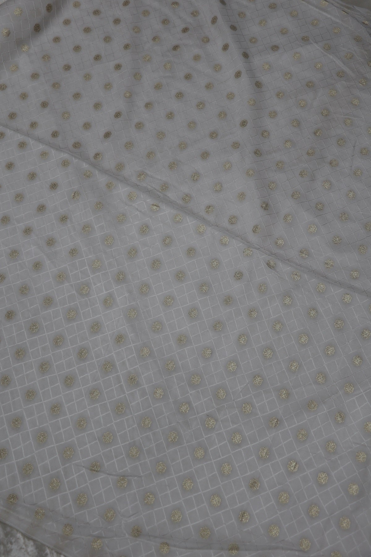 Russian Silk Self Jacquard Woven & Gold Butties White Dyeable Fabric