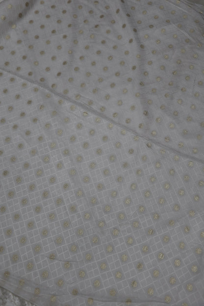 Russian Silk Self Jacquard Woven & Gold Butties White Dyeable Fabric
