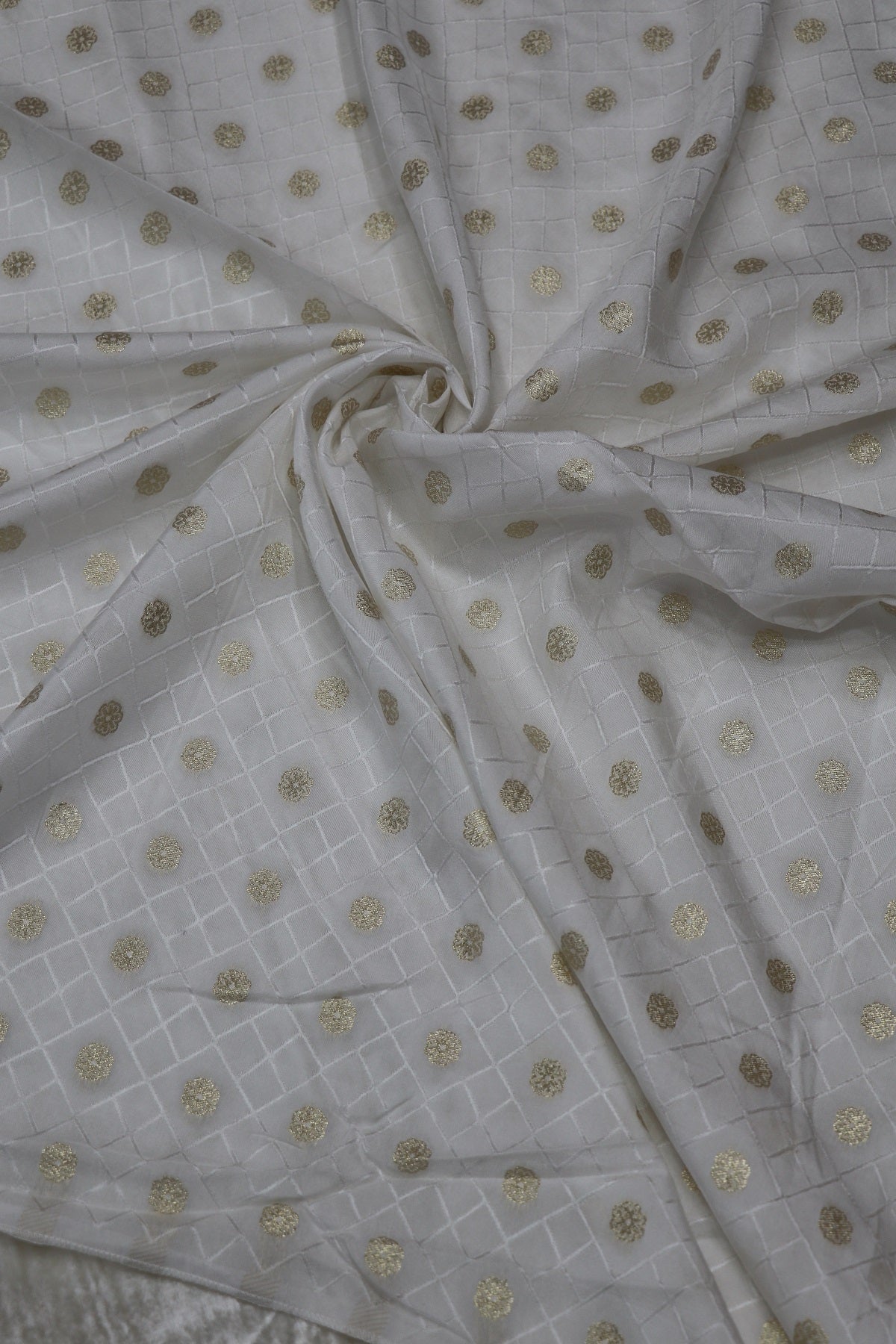 Russian Silk Self Jacquard Woven & Gold Butties White Dyeable Fabric