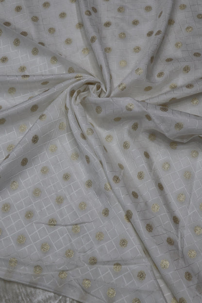 Russian Silk Self Jacquard Woven & Gold Butties White Dyeable Fabric