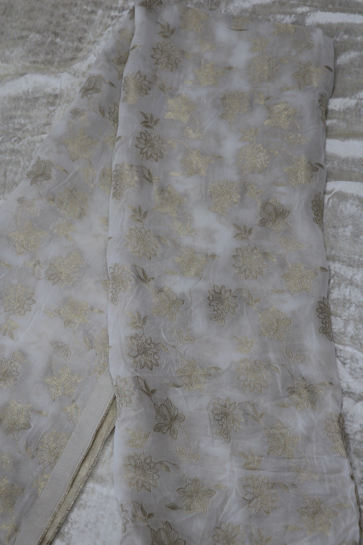 Viscose Georgette Gold Floral Jaal Woven White Dyeable fabric