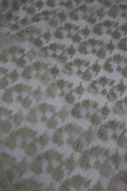 Viscose Georgette Gold Floral Jaal Woven White Dyeable fabric
