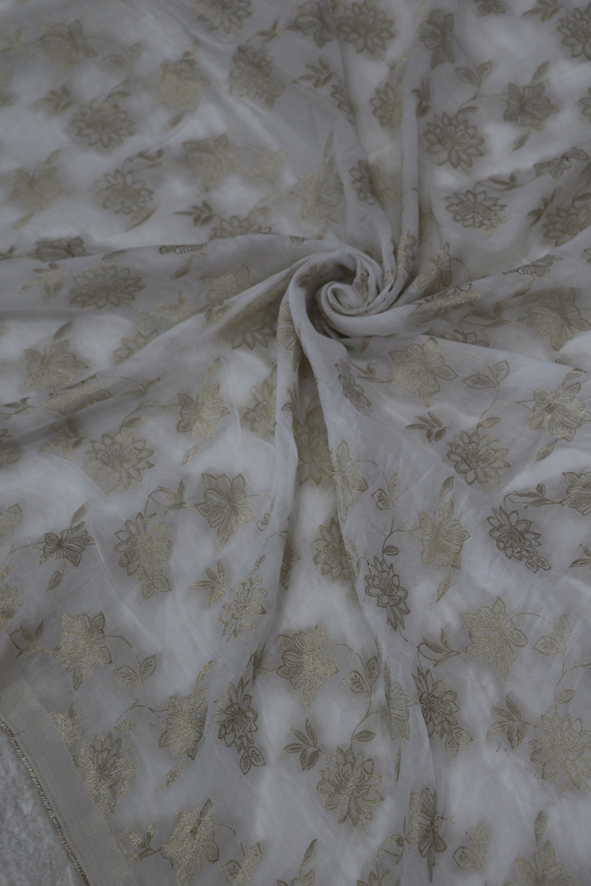 Viscose Georgette Gold Floral Jaal Woven White Dyeable fabric