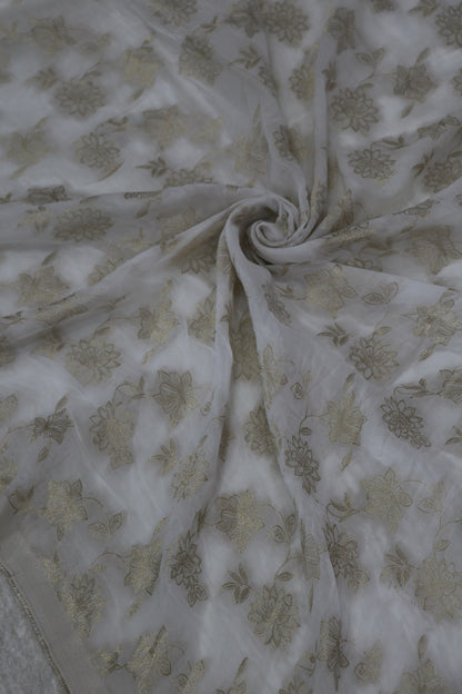 Viscose Georgette Gold Floral Jaal Woven White Dyeable fabric