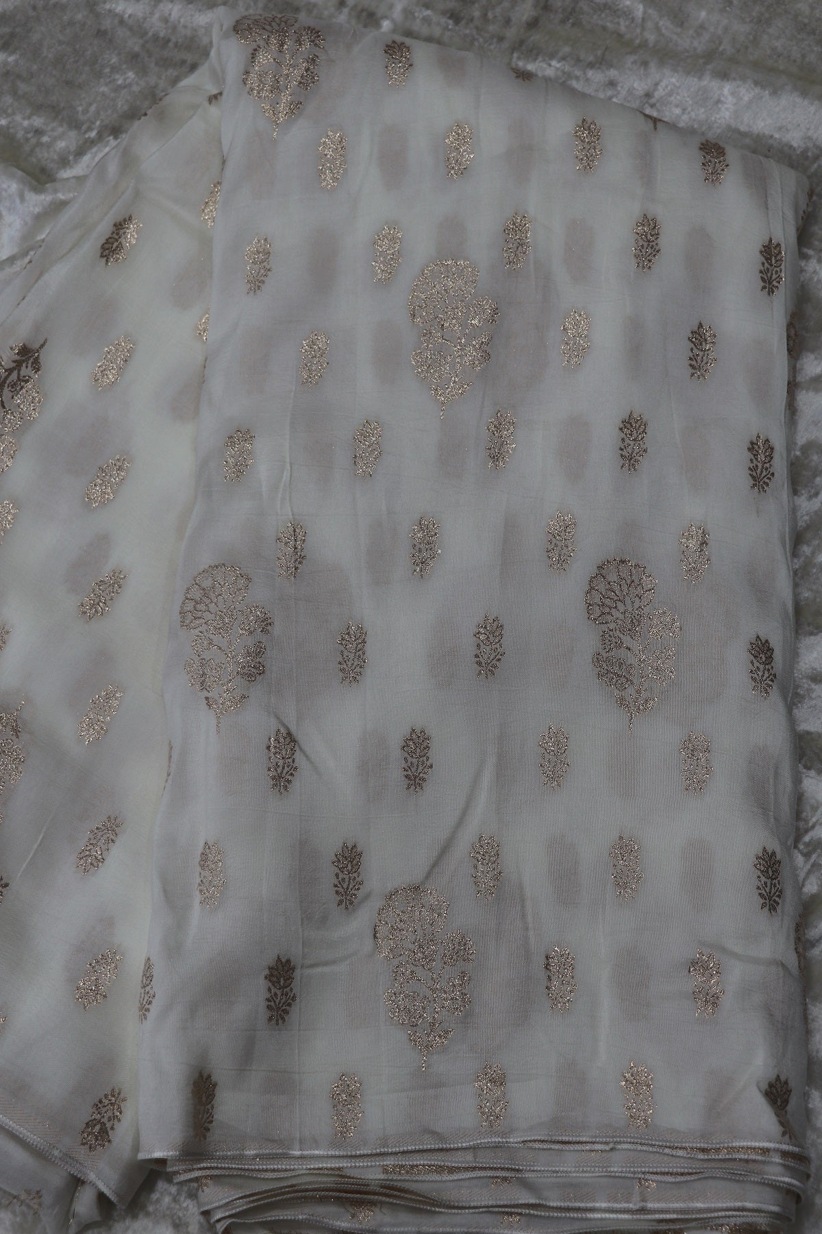 Dola Silk Gold Floral Bouquet & Butties Woven White Dyeable Fabric