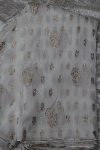 Dola Silk Gold Floral Bouquet & Butties Woven White Dyeable Fabric
