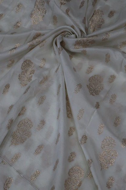 Dola Silk Gold Floral Bouquet & Butties Woven White Dyeable Fabric