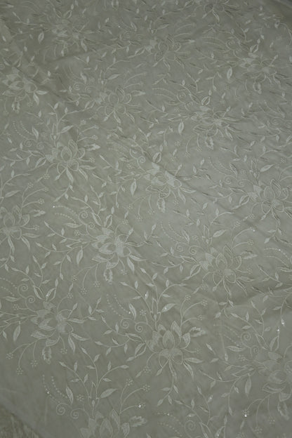 Silky Organza Thread & Sequins Embroidered White Dyeable Fabric