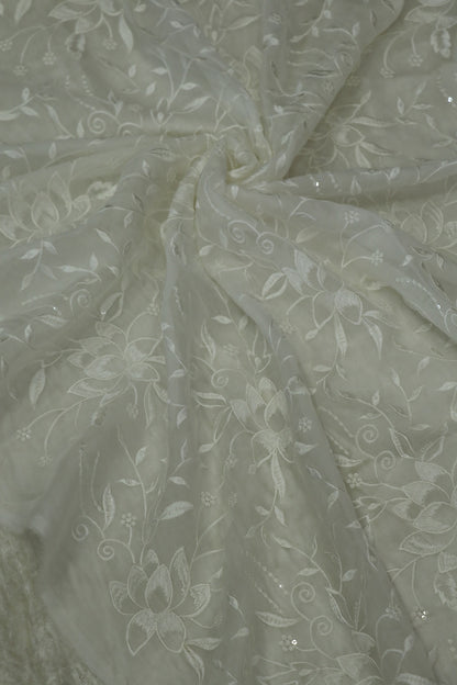 Silky Organza Thread & Sequins Embroidered White Dyeable Fabric