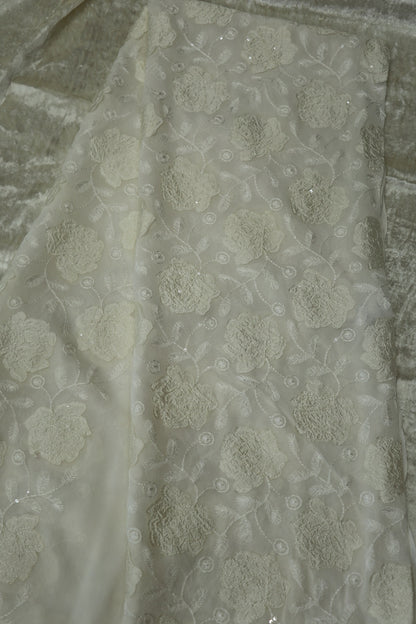 Applique Worked Georgette White Dyeable Fabric Highlighted With Sequins
