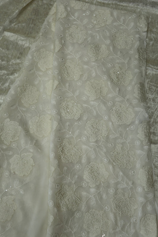 Applique Worked Georgette White Dyeable Fabric Highlighted With Sequins