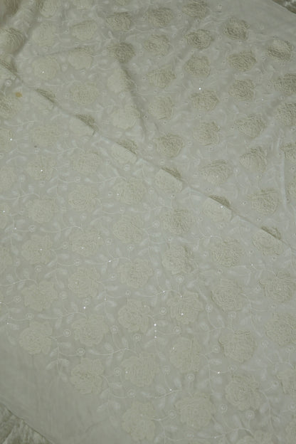 Applique Worked Georgette White Dyeable Fabric Highlighted With Sequins