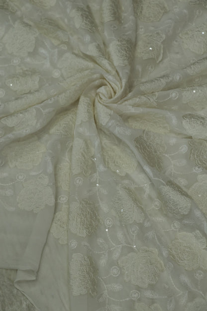 Applique Worked Georgette White Dyeable Fabric Highlighted With Sequins