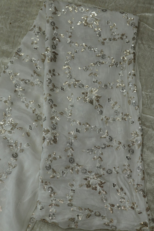 Chinon All over Floral Sequins Worked White Dyeable Fabric