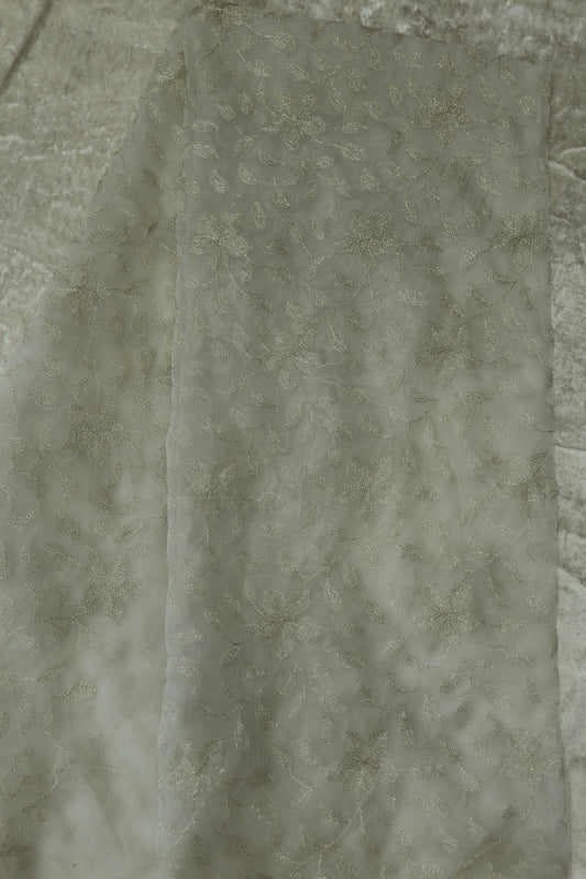 Jaal Design Light Gold Zari Thread Embroidered Organza Dyeable Fabric