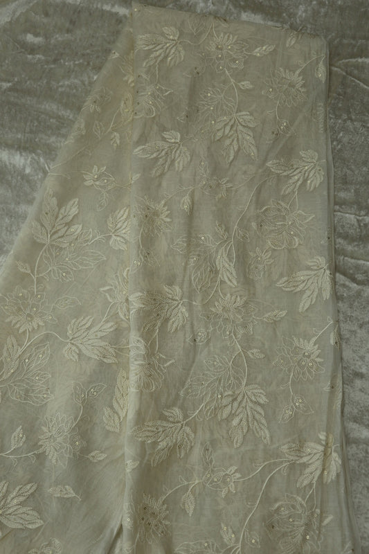 Mul Chanderi Thread Works Embellished With Sequins White Dyeable fabric