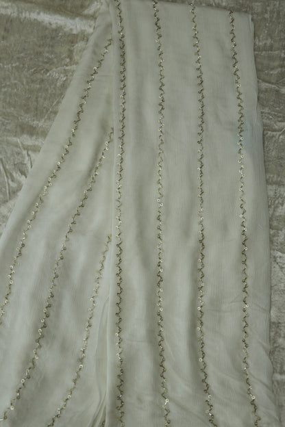 Chinon Silver Beads & Sequins Horizontal Worked White Dyeable Fabric