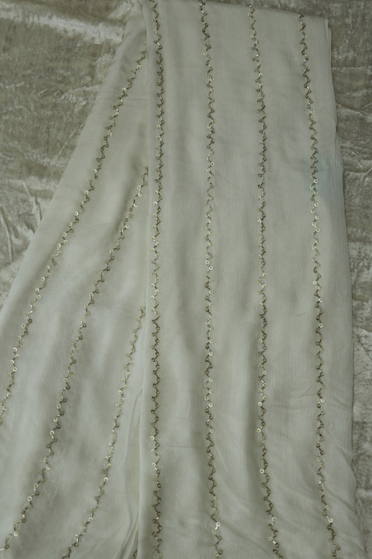 Chinon Silver Beads & Sequins Horizontal Worked White Dyeable Fabric