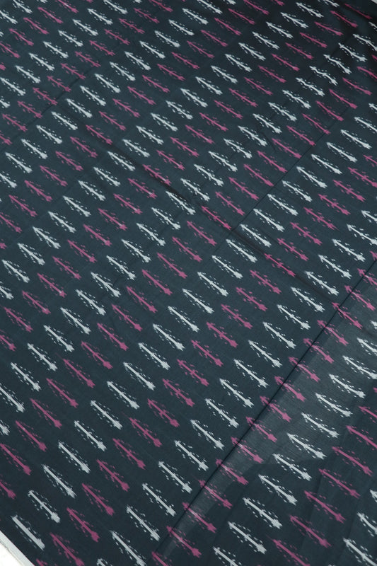 Black Blue Mercerised Ikkat With Pink & White Woven Designed Fabric