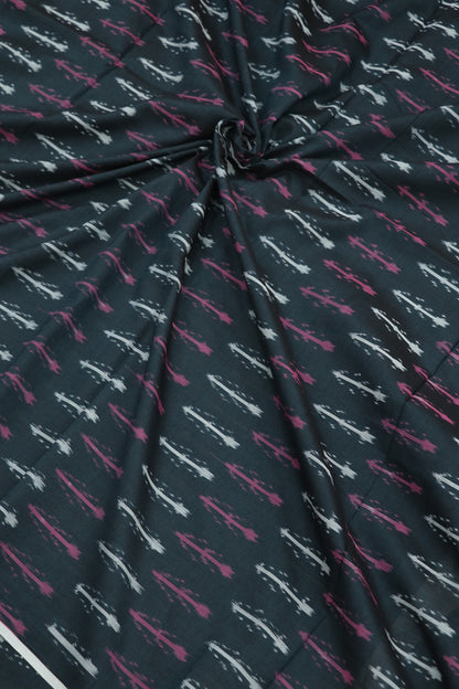 Black Blue Mercerised Ikkat With Pink & White Woven Designed Fabric