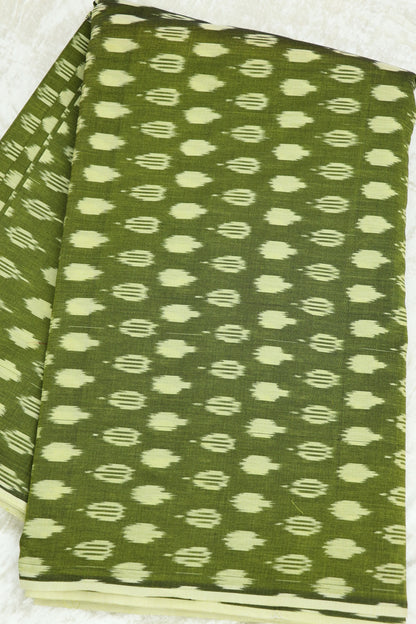 Dark Olive Green Mercerised Ikkat With Yellow  Woven Designed Fabric
