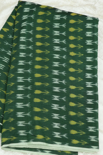 Forest Green Mercerised Ikkat With Yellow & White Woven Designed Fabric