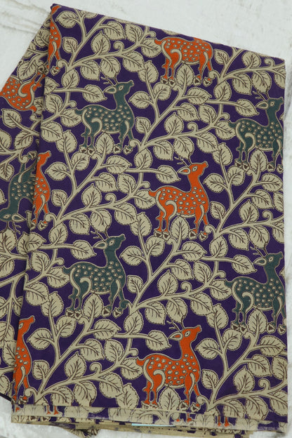 Purple Cotton Kalamkari Fabric With Deers & Floral Prints In Hues Of Orange,Grey & Offwhite