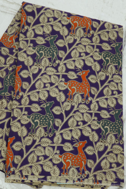 Purple Cotton Kalamkari Fabric With Deers & Floral Prints In Hues Of Orange,Grey & Offwhite