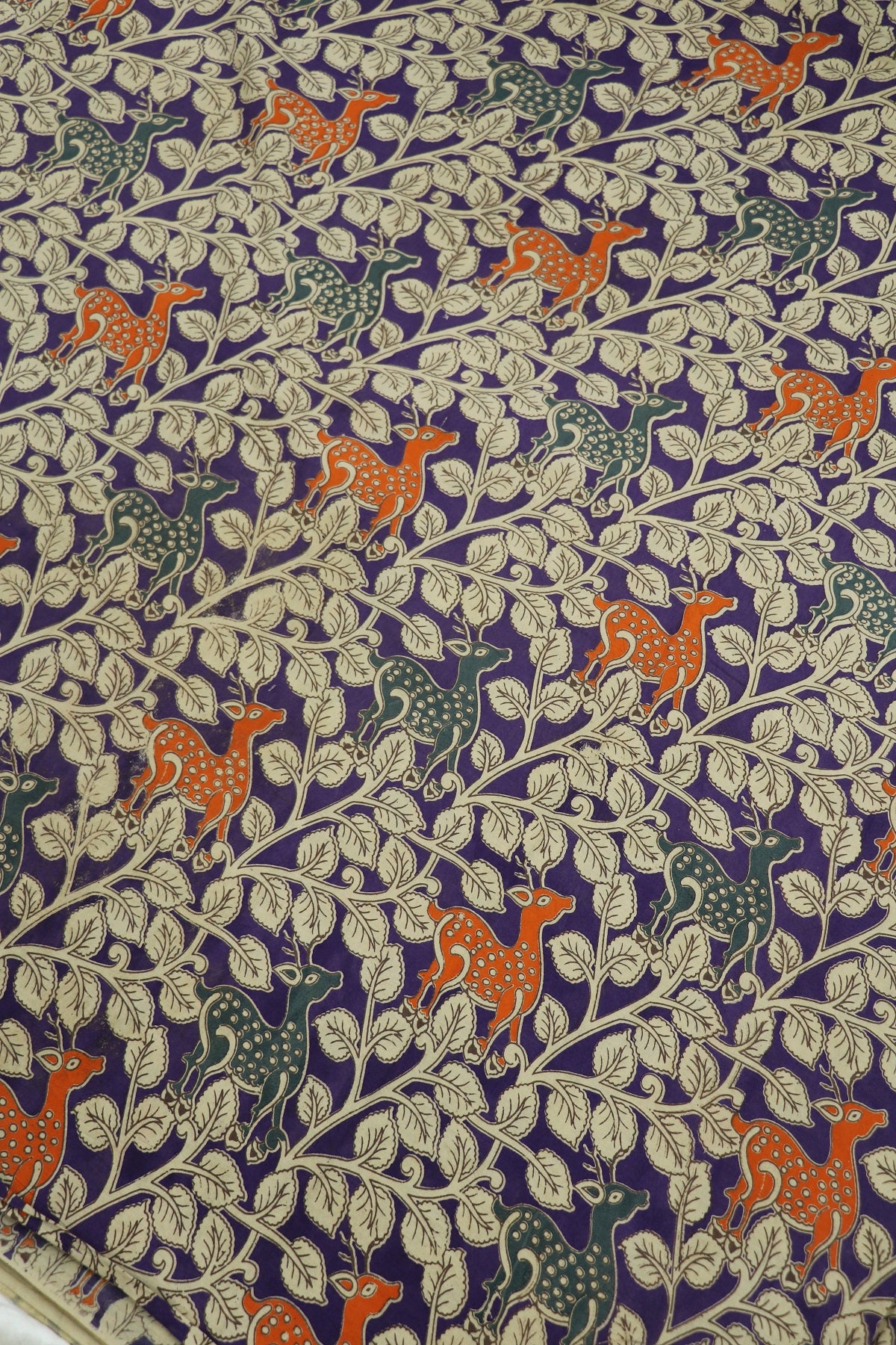 Purple Cotton Kalamkari Fabric With Deers & Floral Prints In Hues Of Orange,Grey & Offwhite