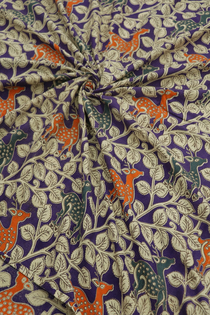Purple Cotton Kalamkari Fabric With Deers & Floral Prints In Hues Of Orange,Grey & Offwhite