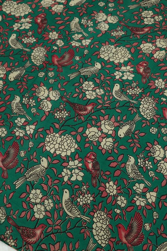 Deep Seagreen Cotton Kalamkari Printed Fabric Birds Floral Pattern With Hues Of Red & Offwhite