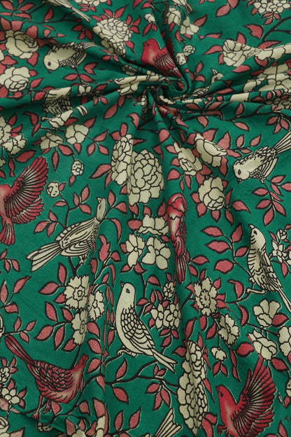 Deep Seagreen Cotton Kalamkari Printed Fabric Birds Floral Pattern With Hues Of Red & Offwhite