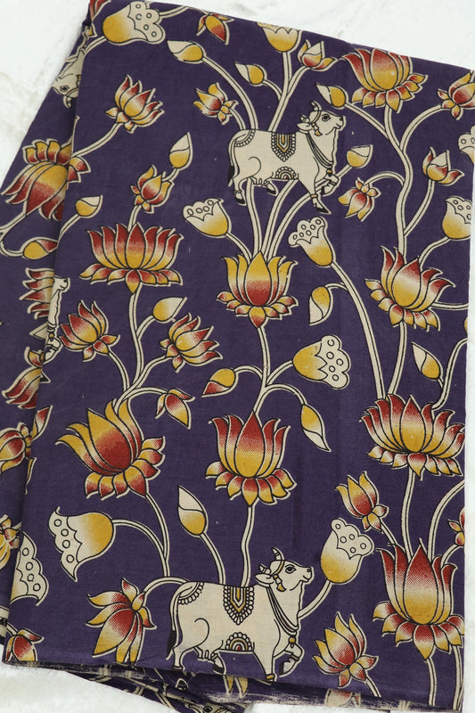 Dark Slate Blue Purple Pichwai Cotton Kalmkari Floral Fabric With Hues In Reds,Yellows & Offwhite