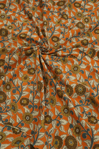 Light Orange Cotton Kalamkari Printed Floral Fabric With Hues Of Blue,browns & Offwhite