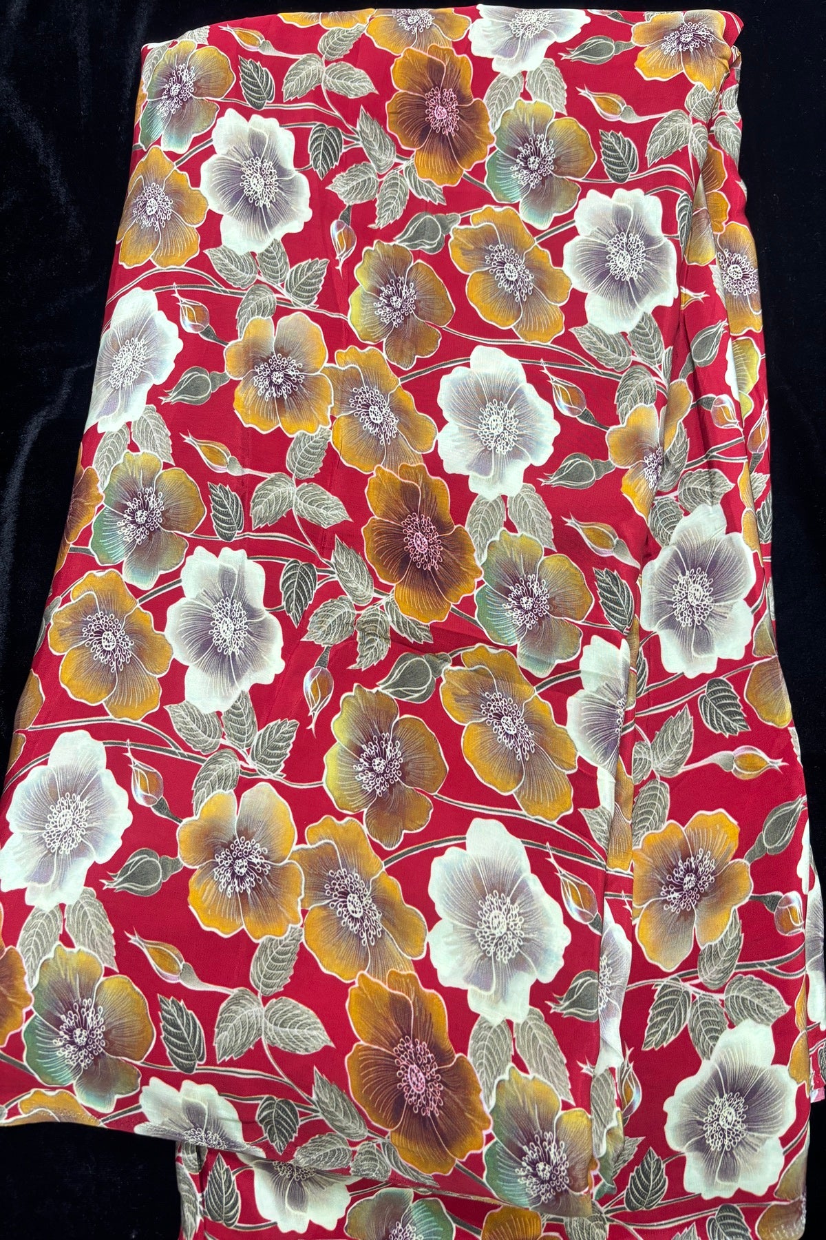 Classical Mustard & Cream Floral Printed Passion Red Crepe Fabric