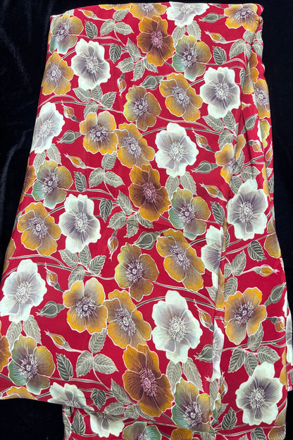 Classical Mustard & Cream Floral Printed Passion Red Crepe Fabric